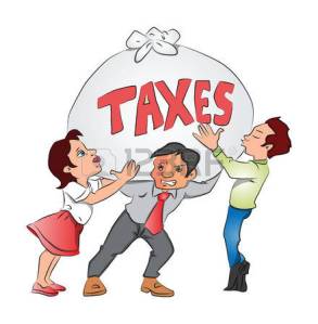 37662635-vector-illustration-of-businessmen-and-businesswoman-holding-an-overweight-sack-of-taxes